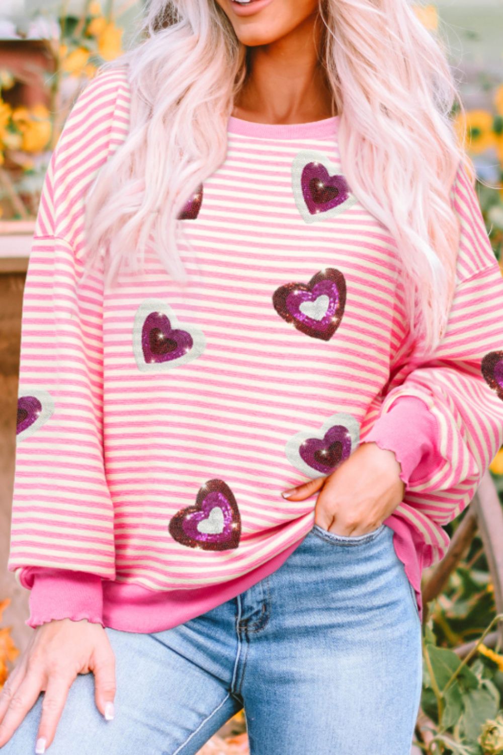 Sudadera de manga larga con cuello redondo y rayas con corazón y lentejuelas para el día de San Valentín