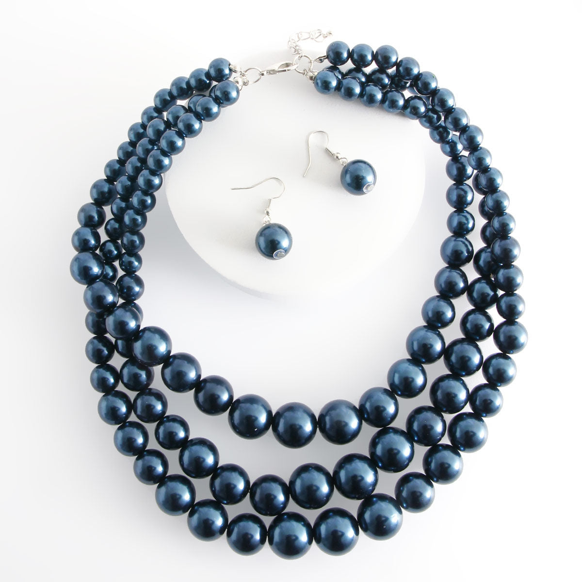 Navy Pearl 3 Strand Necklace Set