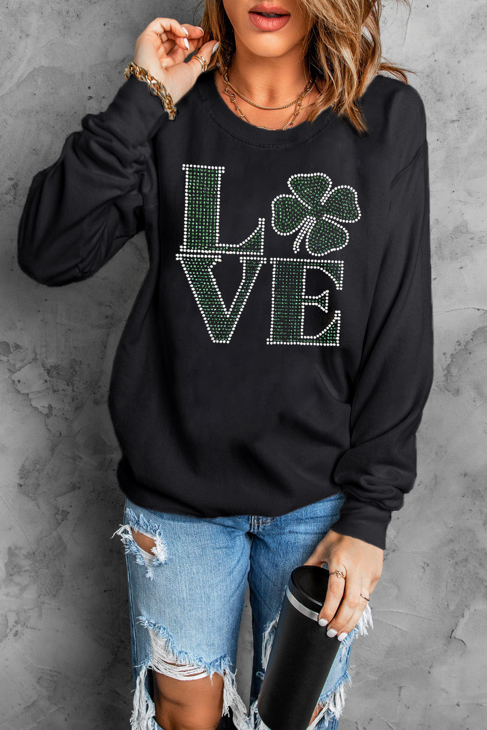 Sudadera con cuello redondo y trébol de diamantes de imitación LOVE