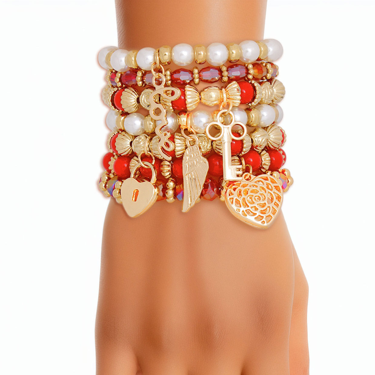 Pearl Bracelet Red White Bead Set for Women