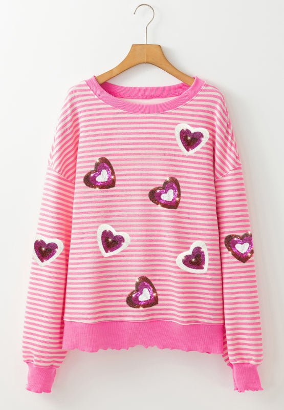 Sudadera de manga larga con cuello redondo y rayas con corazón y lentejuelas para el día de San Valentín