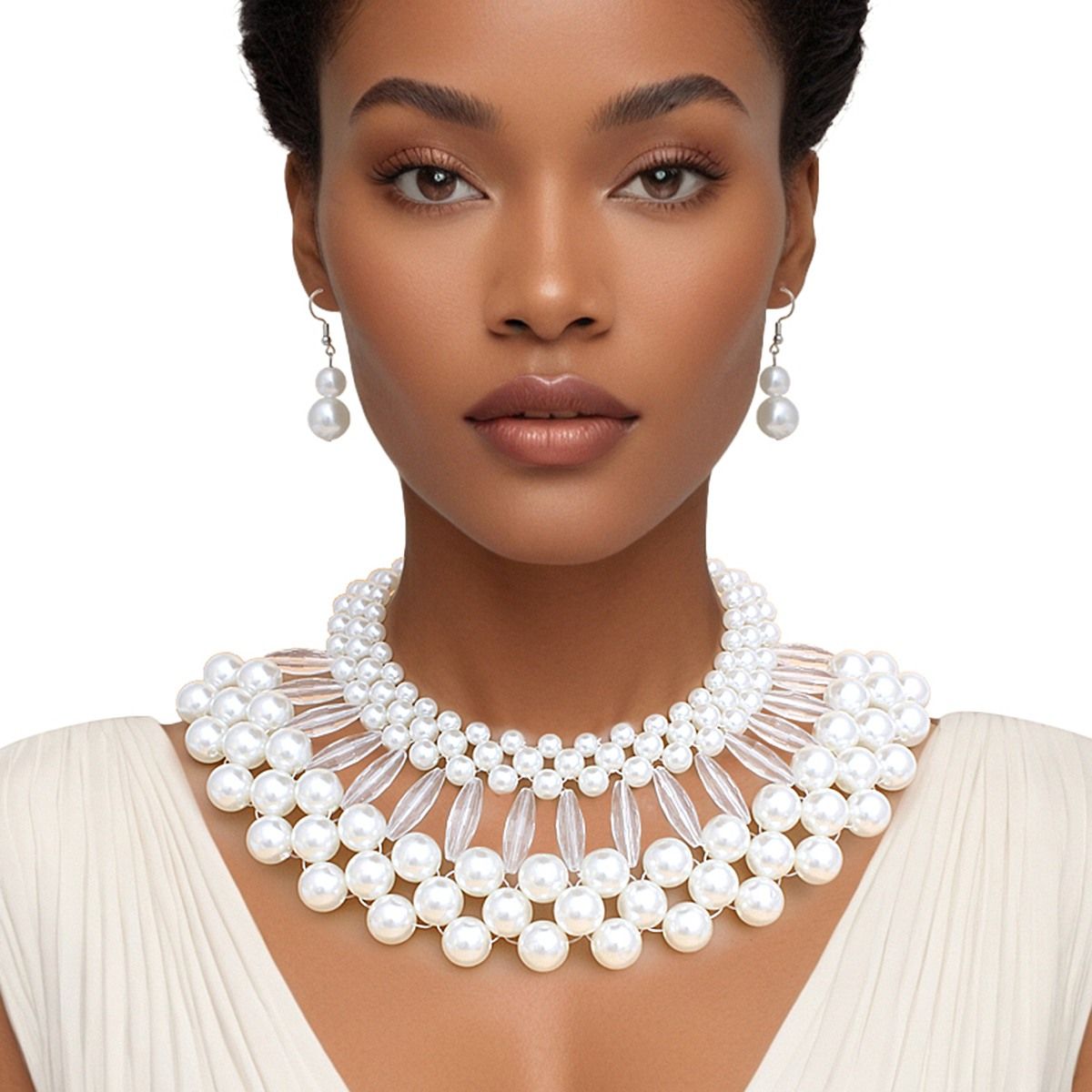 Bib White Pearl Vintage Collar Necklace Set Women