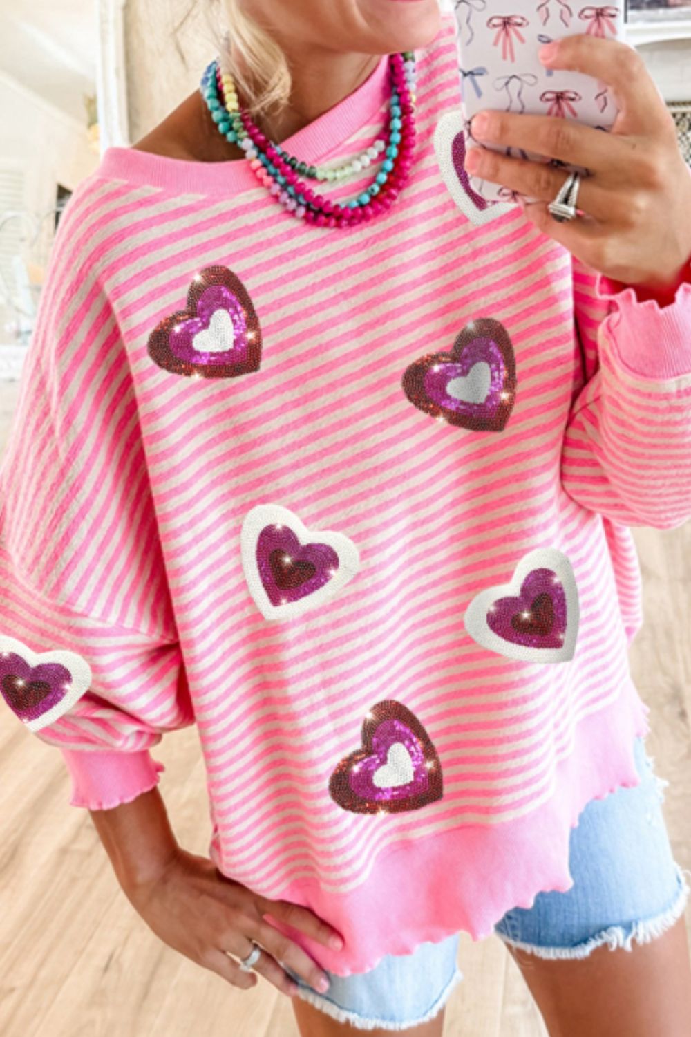 Valentine’s Day Sequin Heart Striped Round Neck Long Sleeve Sweatshirt