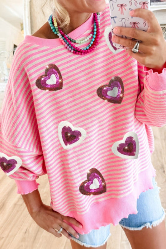 Sudadera de manga larga con cuello redondo y rayas con corazón y lentejuelas para el día de San Valentín