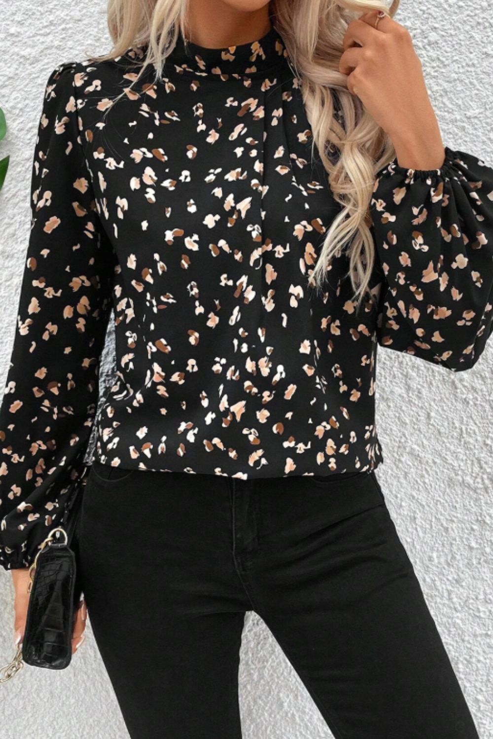 Printed Mock Neck Balloon Sleeve Blouse