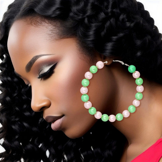 Pink Green Pearl Hoops for Women