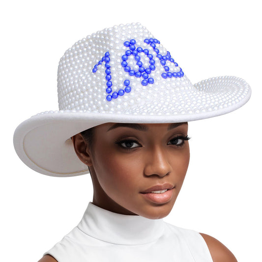 ZPB Sorority White and Blue Pearl Fedora Hat Women