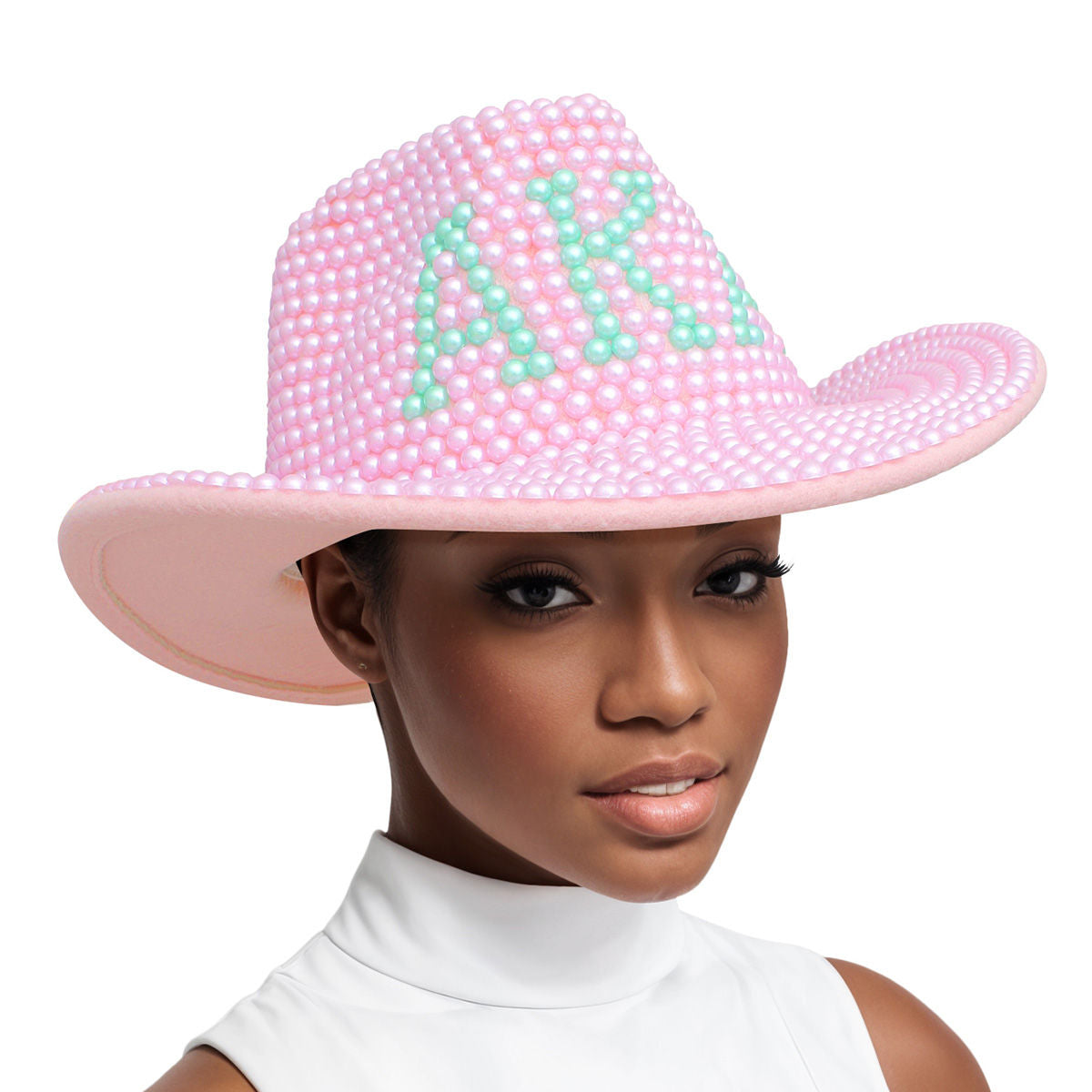 AKA Sorority Pink and Green Pearl Fedora Hat Women