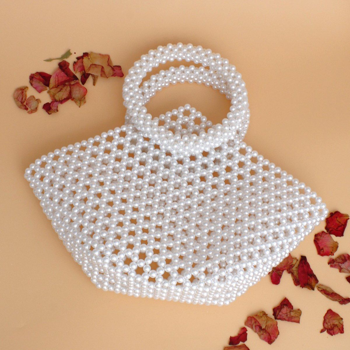 Top Handle Trapeze White Pearl Woven Handbag Bag