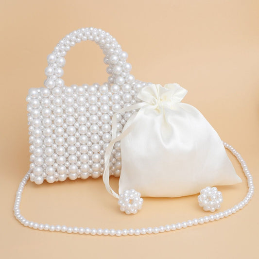 Top Handle Square White Pearl Woven Handmade Bag