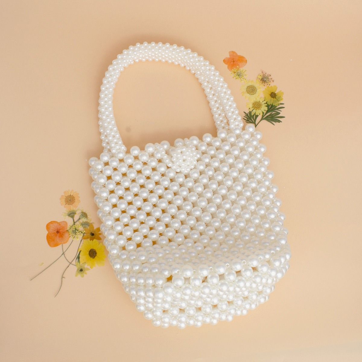 Top Handle Bucket Cream Pearl Woven Handmade Bag