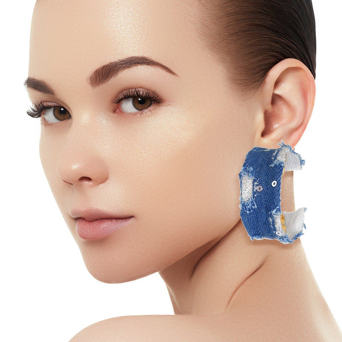 Hoops Distressed Blue Denim Earrings for Women