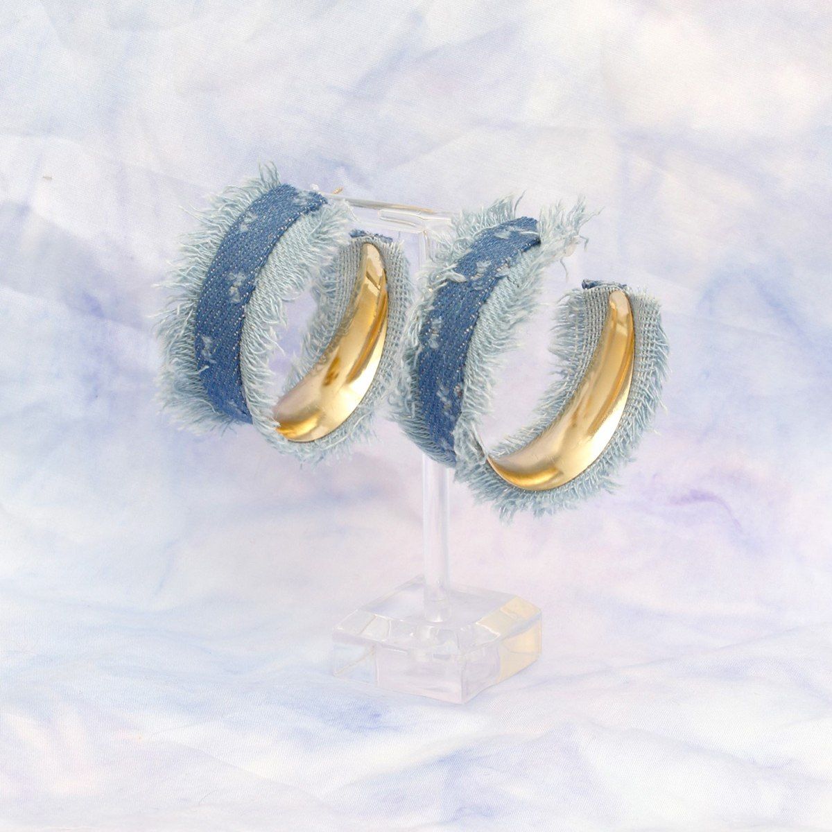 Hoops Distressed Blue Denim Fringe Earrings Women