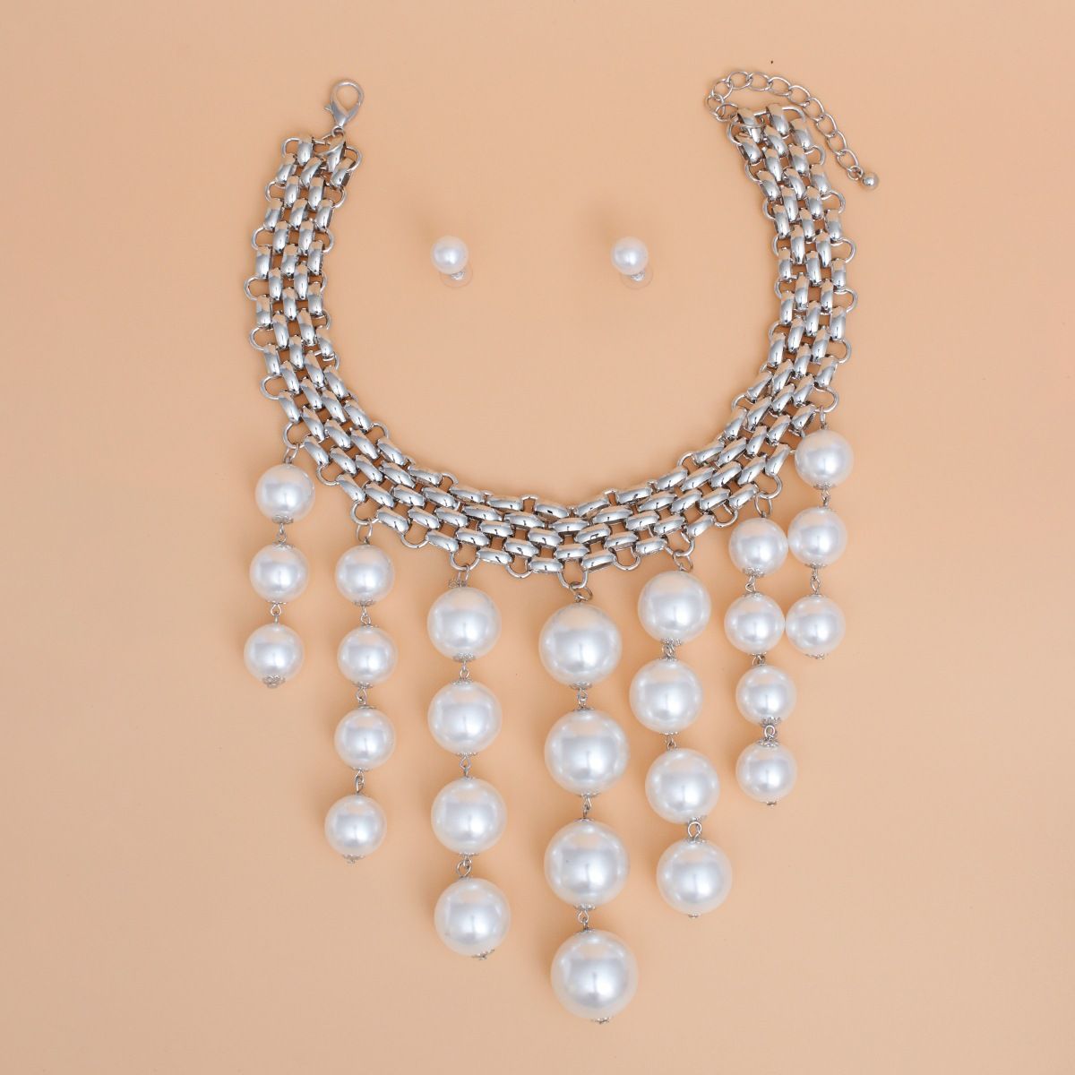 Choker Modernist Silver Woven Chain Pearl Drop Set